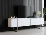 Mobile TV 180x30x50h cm Bianco e Oro con 2 Ante e Ripiano, Mobile Basso Salvaspazio in Legno e Metallo per Soggiorno Moderno – Abishia