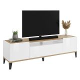 Mobile TV bianco lucido e acero 160x40x47h cm 2 ante e 1 cassetto - Argentoro