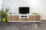 Mobile TV bianco lucido e noce 220x41x46h cm 4 ante e 1 cassetto - Ajuly