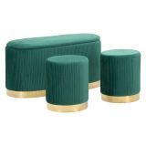 Panca Verde oro con due Sgabelli, Panca Contenitore Materiale Struttura in Metallo 80x37x42h cm, Colore Seduta Verde - Soroti