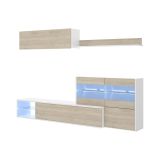Parete attrezzata Adams, Set da soggiorno modulare ad angolo, Mobile salotto multiposizione con luce LED, 260x41h180 cm, Rovere e Bianco lucido