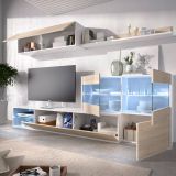 Parete attrezzata Adams, Set da soggiorno modulare ad angolo, Mobile salotto multiposizione con luce LED, 260x41h180 cm, Rovere e Bianco lucido