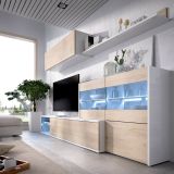 Parete attrezzata Adams, Set da soggiorno modulare ad angolo, Mobile salotto multiposizione con luce LED, 260x41h180 cm, Rovere e Bianco lucido