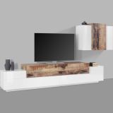 Parete attrezzata Alaskino, cm 240x45h180, Bianco lucido e Acero