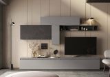 Parete attrezzata Arvo, Composizione soggiorno, Mobile salotto multiuso, Armadio porta TV, Made in Italy, 276x40 h180 cm, Ardesia e Grigio scuro