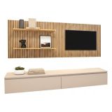 Parete Attrezzata Beige Marrone Rovere Modulabile Apertura Standard, set Componibile Made in Italy - Pollina