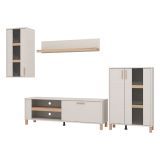Parete Attrezzata Bianco Crema Marrone Rovere Modulabile 7 Ripiani 289x40x181.5h cm, 9 Vani - Fallo