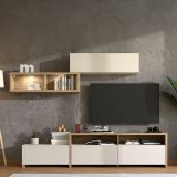 Parete Attrezzata Bianco Crema Marrone Rovere Nodi 6 Ripiani Modulabile 237.5x41.5x160.5h cm, 9 Vani - Tiana
