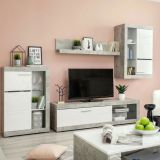Parete Attrezzata Bianco Grigio Cemento 10 Ripiani 3 Ante 266.5x41.5x186h cm, Ripiani in Vetro - Dongo