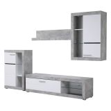 Parete Attrezzata Bianco Grigio Cemento 10 Ripiani 3 Ante 266.5x41.5x186h cm, Ripiani in Vetro - Dongo