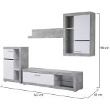 Parete Attrezzata Bianco Grigio Cemento 10 Ripiani 3 Ante 266.5x41.5x186h cm, Ripiani in Vetro - Dongo