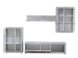 Parete Attrezzata Bianco Grigio Cemento 10 Ripiani 3 Ante 266.5x41.5x186h cm, Ripiani in Vetro - Dongo