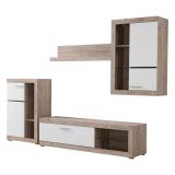 Parete Attrezzata Bianco Marrone Rovere Grigio 10 Ripiani 3 Ante 266.5x41.5x186h cm, Ripiani in Vetro - Dongo