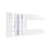 Parete attrezzata Bruno, Set salotto porta TV a 3 ante, Mobile soggiorno multiuso con luce LED, 100% Made in Italy, cm 340x30h180, Bianco lucido