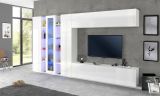 Parete attrezzata Bruno, Set salotto porta TV a 3 ante, Mobile soggiorno multiuso con luce LED, 100% Made in Italy, cm 340x30h180, Bianco lucido