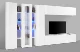 Parete attrezzata Bruno, Set salotto porta TV a 3 ante, Mobile soggiorno multiuso con luce LED, 100% Made in Italy, cm 340x30h180, Bianco lucido