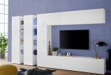 Parete attrezzata Carmelo, Set salotto porta TV a 5 ante, Mobile soggiorno multiuso, 100% Made in Italy, cm 340x30h180, Bianco lucido
