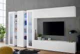 Parete attrezzata Clemente, Set salotto porta TV a 5 ante, Mobile soggiorno multiuso, 100% Made in Italy, cm 340x30h180, Bianco lucido