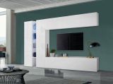 Parete attrezzata Costanzo, Set salotto porta TV a 4 ante, Mobile soggiorno multiuso, 100% Made in Italy, cm 280x30x180, Bianco lucido