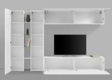 Parete attrezzata Costanzo, Set salotto porta TV a 4 ante, Mobile soggiorno multiuso, 100% Made in Italy, cm 280x30x180, Bianco lucido