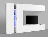 Parete attrezzata Costanzo, Set salotto porta TV a 4 ante, Mobile soggiorno multiuso, 100% Made in Italy, cm 280x30x180, Bianco lucido