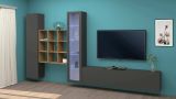 Parete attrezzata Davis, Set salotto porta TV a 4 ante, Mobile soggiorno multiuso con vetrina e luce LED, 100% Made in Italy, cm 310x30h180, Antracite e Acero
