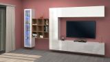 Parete attrezzata Davis, Set salotto porta TV a 4 ante, Mobile soggiorno multiuso con vetrina e luce LED, 100% Made in Italy, cm 310x30h180, Bianco lucido e Acero