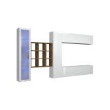 Parete attrezzata Davis, Set salotto porta TV a 4 ante, Mobile soggiorno multiuso con vetrina e luce LED, 100% Made in Italy, cm 310x30h180, Bianco lucido e Acero