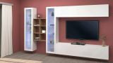 Parete attrezzata Demetrio, Set salotto porta TV a 4 ante, Mobile soggiorno multiuso, 100% Made in Italy, cm 280x30h180, Bianco lucido e Acero