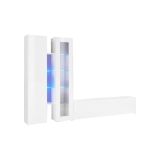 Parete attrezzata Dimitri, Set salotto porta TV a 3 ante, Mobile soggiorno multiuso con vetrina e luce LED, 100% Made in Italy, cm 280x30h180, Bianco lucido