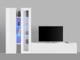 Parete attrezzata Dimitri, Set salotto porta TV a 3 ante, Mobile soggiorno multiuso con vetrina e luce LED, 100% Made in Italy, cm 280x30h180, Bianco lucido
