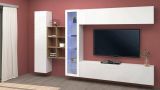 Parete attrezzata Dino, Set salotto porta TV a 4 ante, Mobile soggiorno multiuso con vetrina e luce LED, 100% Made in Italy, cm 280x30h180, Bianco lucido e Acero