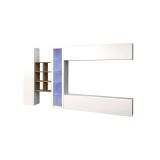 Parete attrezzata Dino, Set salotto porta TV a 4 ante, Mobile soggiorno multiuso con vetrina e luce LED, 100% Made in Italy, cm 280x30h180, Bianco lucido e Acero