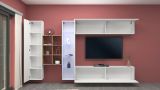 Parete attrezzata Dino, Set salotto porta TV a 4 ante, Mobile soggiorno multiuso con vetrina e luce LED, 100% Made in Italy, cm 280x30h180, Bianco lucido e Acero