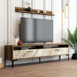 Parete attrezzata Edasich, Set da soggiorno modulabile, Mobile salotto multiuso, Armadio porta TV moderno, 180x35h47 cm, Noce e Bianco Marmo
