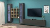 Parete attrezzata Egidio, Set salotto porta TV a 3 ante, Mobile soggiorno multiuso con vetrina e luce LED, 100% Made in Italy, cm 350x30h180, Antracite e Acero