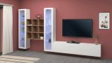 Parete attrezzata Egidio, Set salotto porta TV a 3 ante, Mobile soggiorno multiuso con vetrina e luce LED, 100% Made in Italy, cm 350x30h180, Bianco lucido e Acero