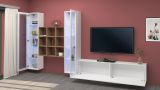 Parete attrezzata Egidio, Set salotto porta TV a 3 ante, Mobile soggiorno multiuso con vetrina e luce LED, 100% Made in Italy, cm 350x30h180, Bianco lucido e Acero