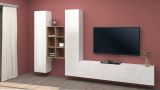 Parete attrezzata Emiliano, Set salotto porta TV a 3 ante, Mobile soggiorno multiuso, 100% Made in Italy, cm 320x30h180, Bianco lucido e Acero