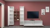Parete attrezzata Emiliano, Set salotto porta TV a 3 ante, Mobile soggiorno multiuso, 100% Made in Italy, cm 320x30h180, Bianco lucido e Acero