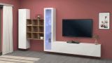 Parete attrezzata Emilio, Set salotto porta TV a 3 ante, Mobile soggiorno multiuso con vetrina e luce LED, 100% Made in Italy, cm 310x30h180, Bianco lucido e Acero