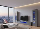 Parete attrezzata Enzo, Set salotto porta TV, Mobile soggiorno multiuso con luce LED, 100% Made in Italy, cm 290x40h162, Antracite lucido