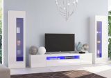 Parete attrezzata Enzo, Set salotto porta TV, Mobile soggiorno multiuso con luce LED, 100% Made in Italy, cm 290x40h162, Bianco lucido