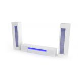 Parete attrezzata Enzo, Set salotto porta TV, Mobile soggiorno multiuso con luce LED, 100% Made in Italy, cm 290x40h162, Bianco lucido
