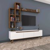 Parete attrezzata Erato, Composizione soggiorno, Mobile salotto multiuso, Armadio porta TV, 180x35h49 cm, Bianco e Noce