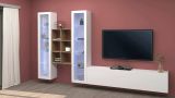 Parete attrezzata Eros, Set salotto porta TV a 3 ante, Mobile soggiorno multiuso con vetrina e luce LED, 100% Made in Italy, cm 320x30h180, Bianco lucido