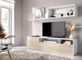 Parete attrezzata Gabberi, Composizione soggiorno, Mobile salotto multiuso, Armadio porta TV, 180x35 h44 cm, Bianco e Rovere