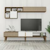 Parete attrezzata Gemini, Set da soggiorno modulabile, Mobile salotto multiuso, Armadio porta TV moderno, 180x35h40 cm, Noce e Bianco