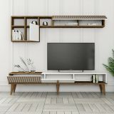 Parete attrezzata Gemini, Set da soggiorno modulabile, Mobile salotto multiuso, Armadio porta TV moderno, 180x35h40 cm, Noce e Bianco