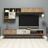 Parete attrezzata Gemini, Set da soggiorno modulabile, Mobile salotto multiuso, Armadio porta TV moderno, 180x35h40 cm, Noce e Bianco Marmo